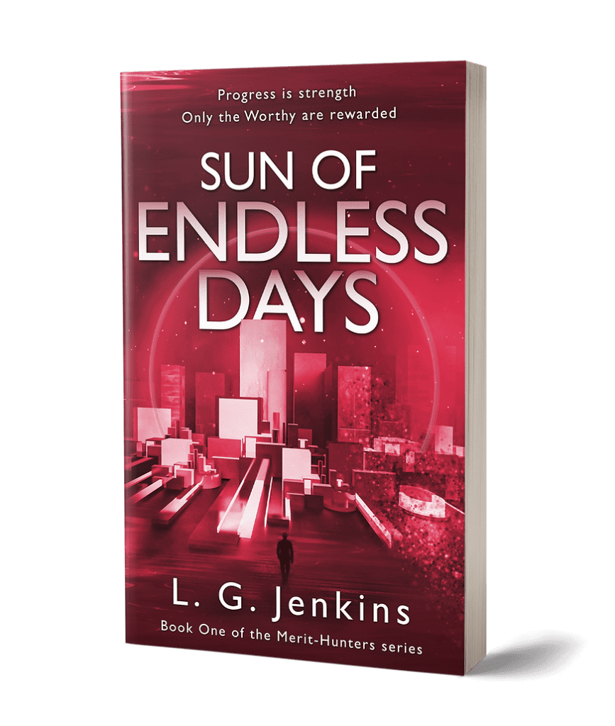 Red sci-fi book cover with cityscape