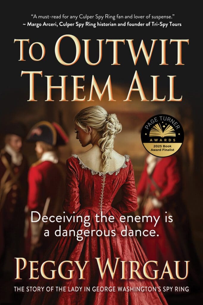 Historical novel cover with woman in red dress.