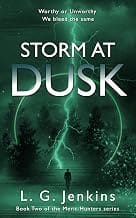Storm at Dusk" book cover with lightning.